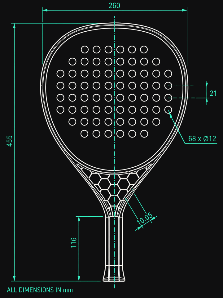 T0 Hex padel racket technical drawing, front view: overall length 455 mm, width 260 mm, face holes Ø12 mm at 21 mm pitch, hex throat cell 10.05 mm.