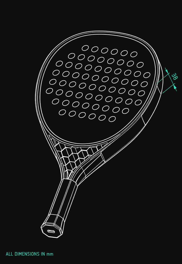T0 Hex padel racket technical drawing, isometric view: thickness 38 mm.