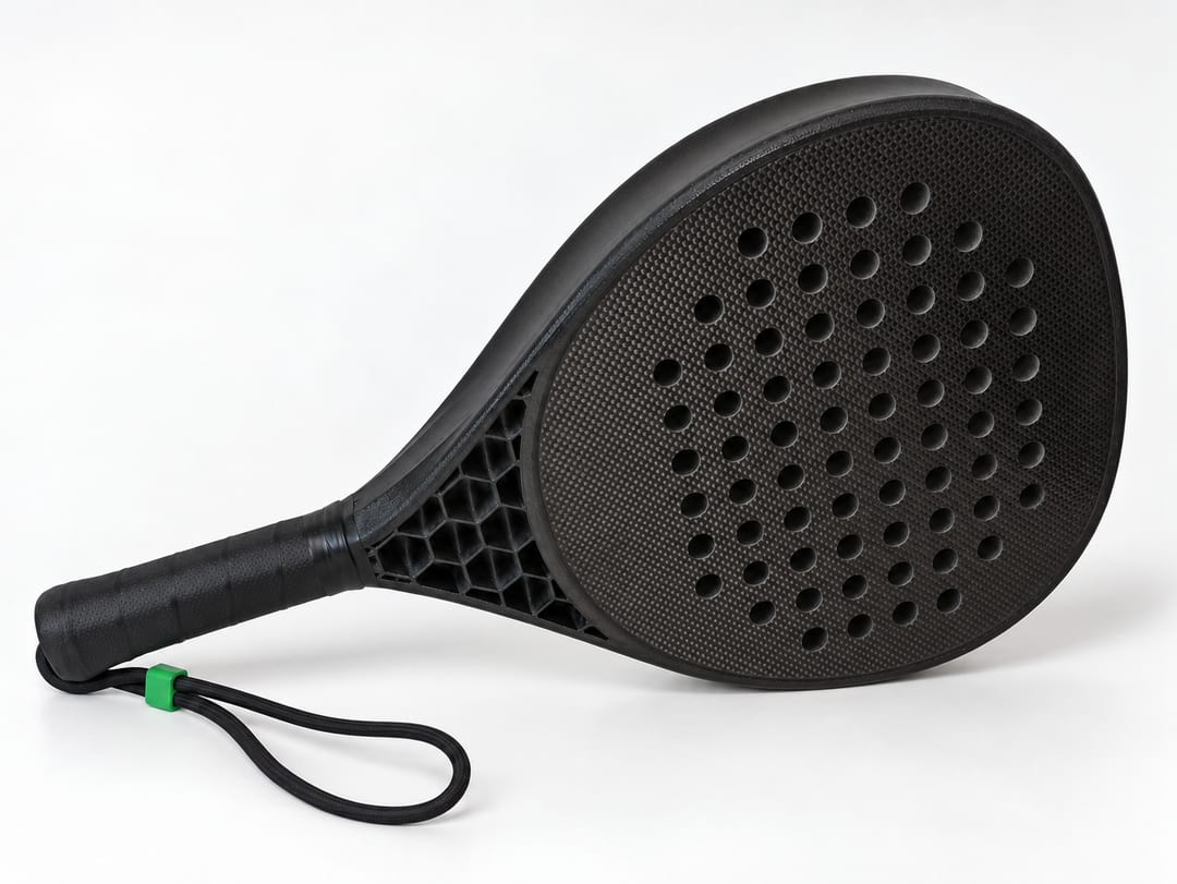 T0 Hex padel racket at a three-quarter angle — carbon face, hexagonal throat and handle