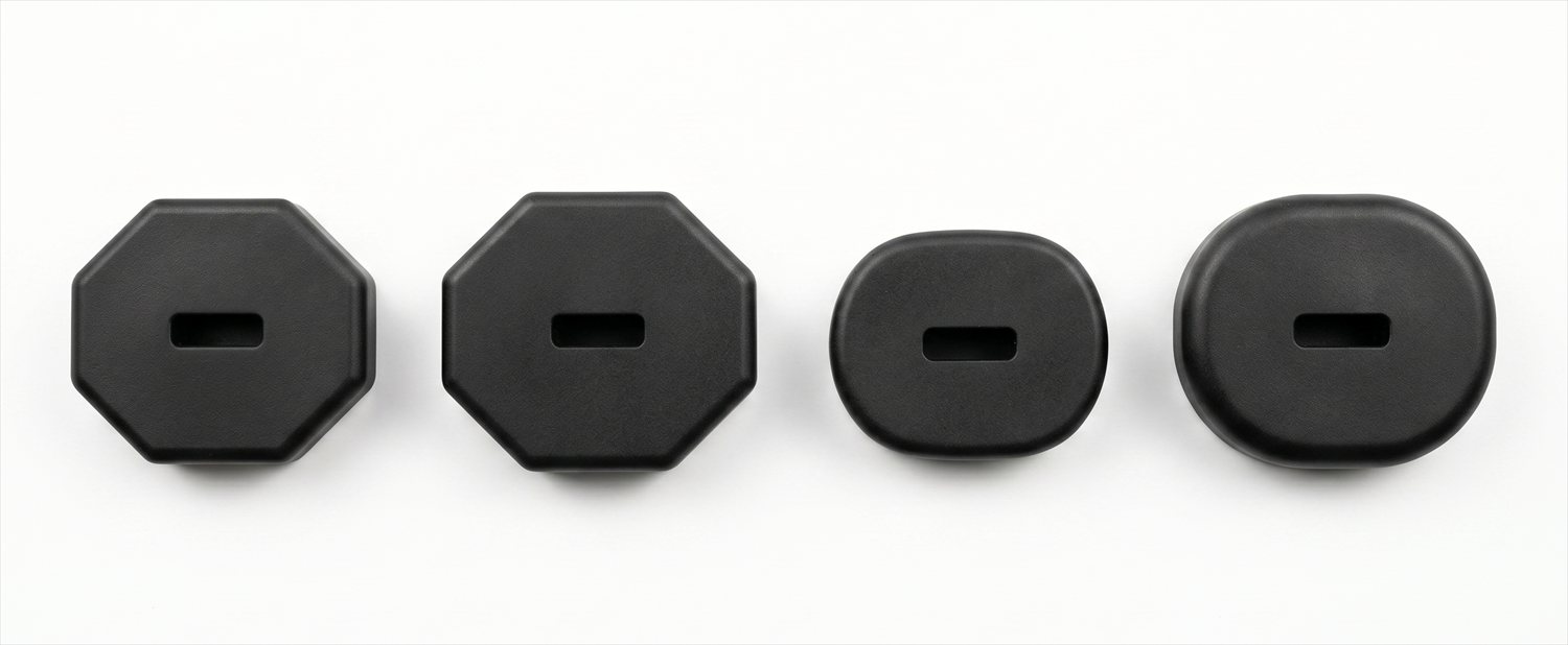 Handle ends seen face-on — octagonal grips (A, B) versus oval grips (C, D).