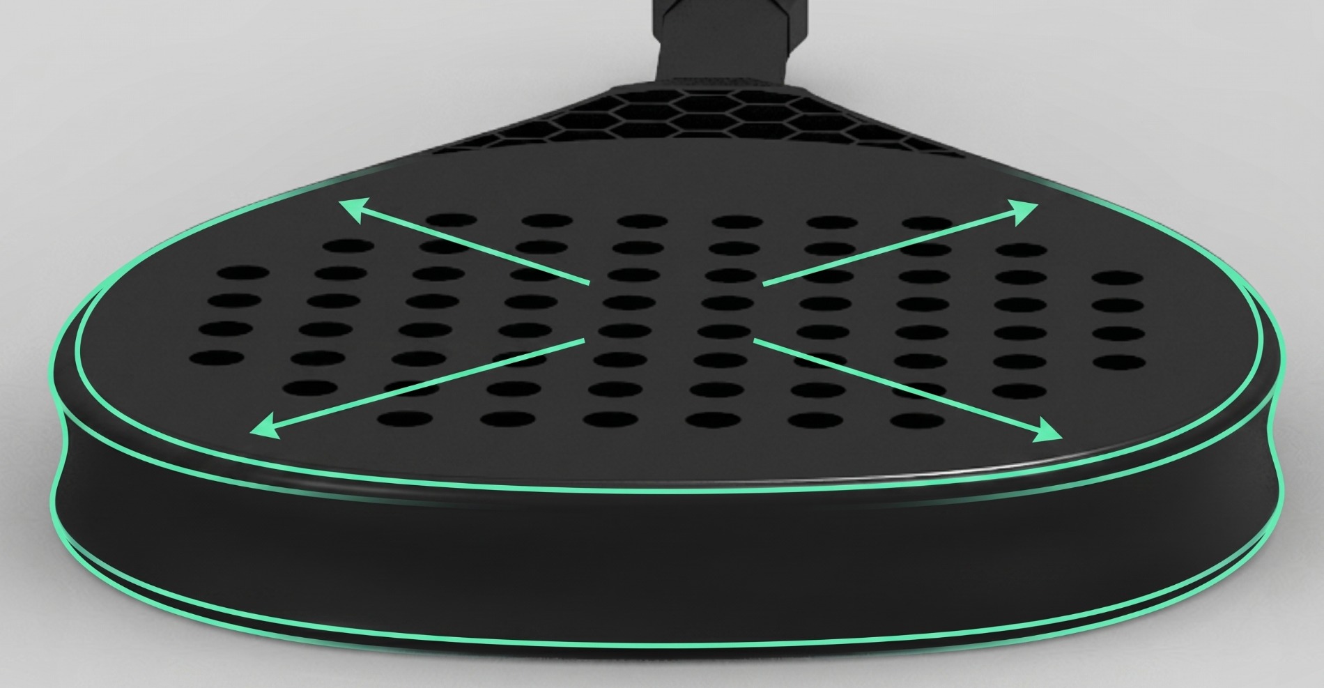 CAD render — concave hoop side walls highlighted in mint, sweet-spot arrows reclaiming the perimeter.