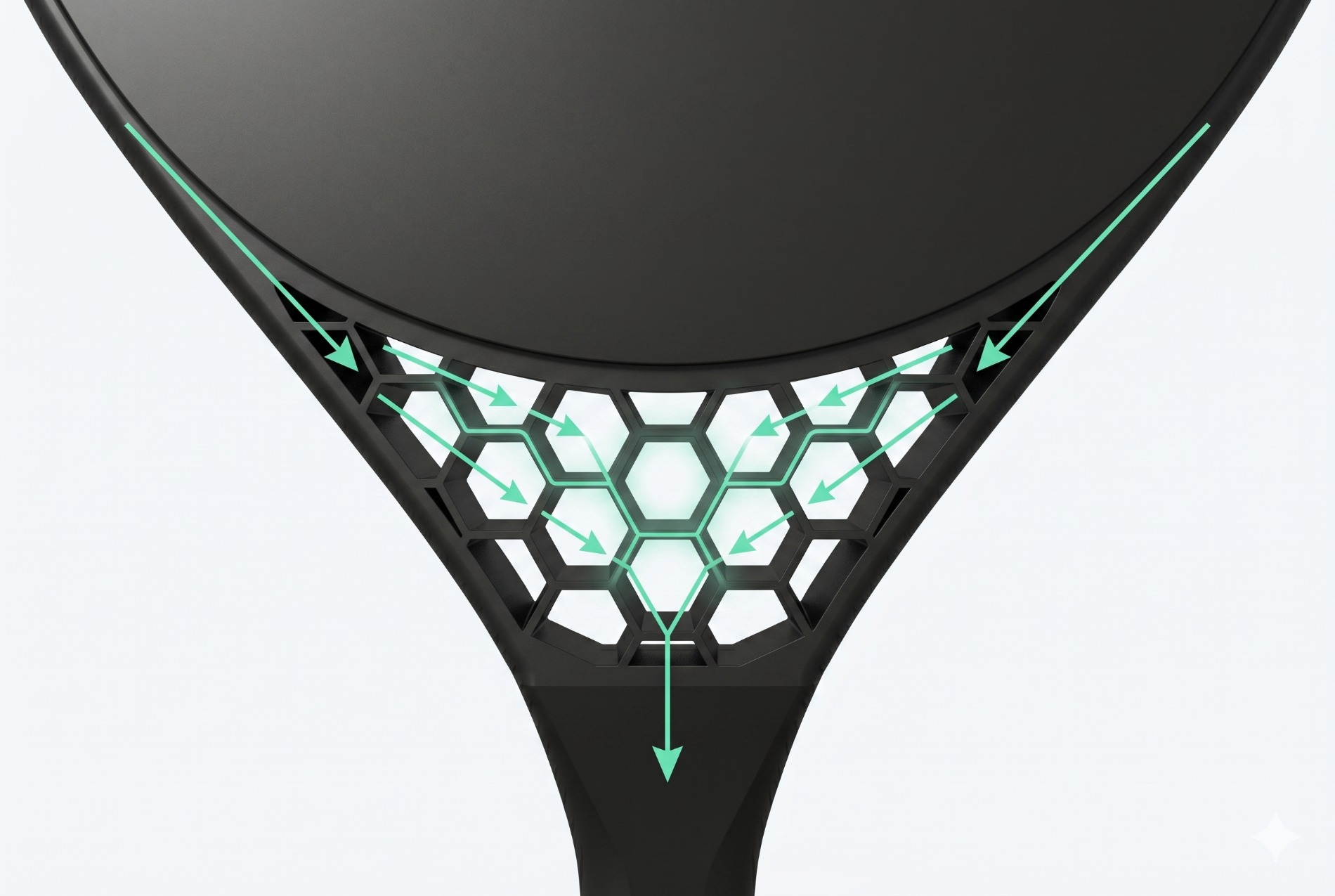 CAD render — hex throat structure with mint load-path arrows converging into the handle.
